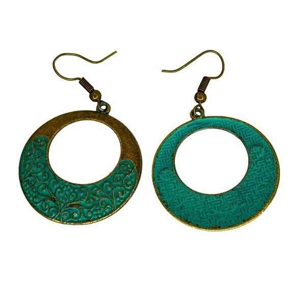 Vintage Style Brass & Turquoise Open Circle Dangle Earrings With Intricate Desig - Picture 3 of 4